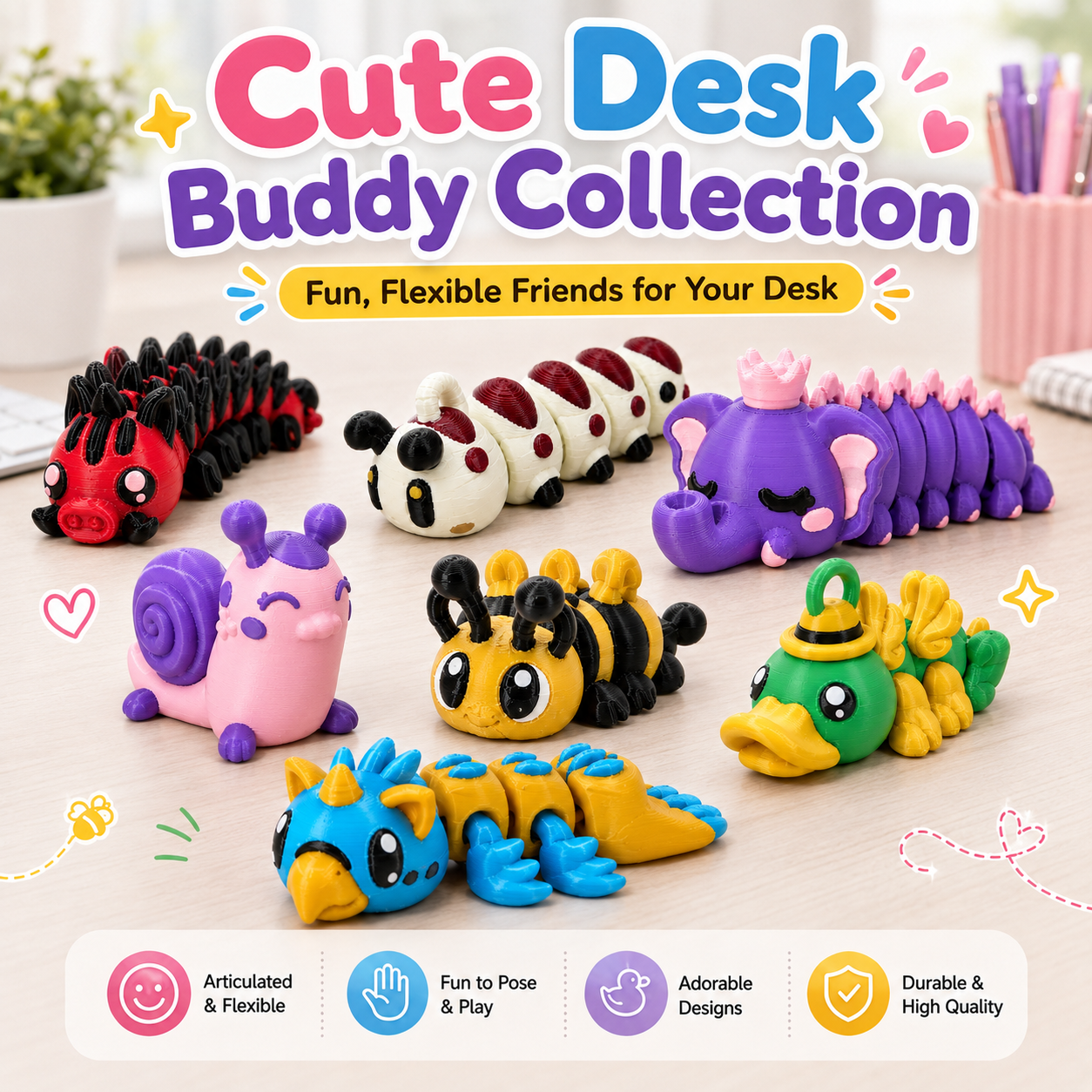 A colorful group of Cute Flexi Desk Buddies